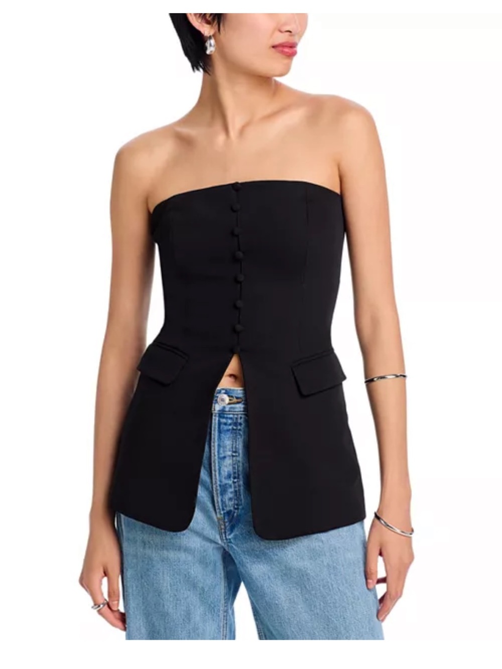 Structured Strapless Black Button-Front Bustier Top